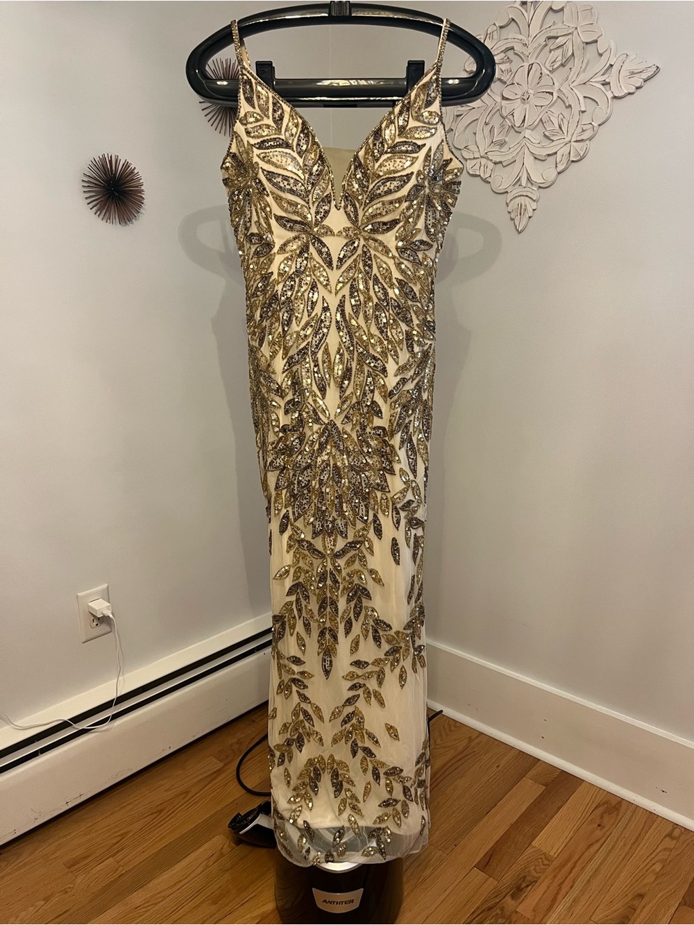 Mac Duggal Ivory Gown with Gold Leaf Beading